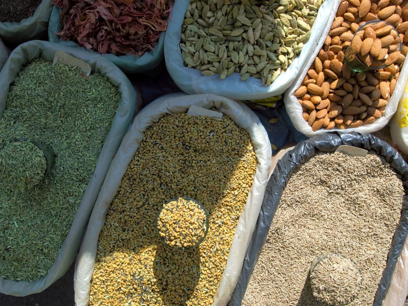 Premium Indian spices, seeds and nuts displayed at a sourcing market
